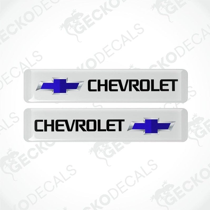 Two white vinyl decals with the word 'CHEVROLET' and a blue bowtie logo