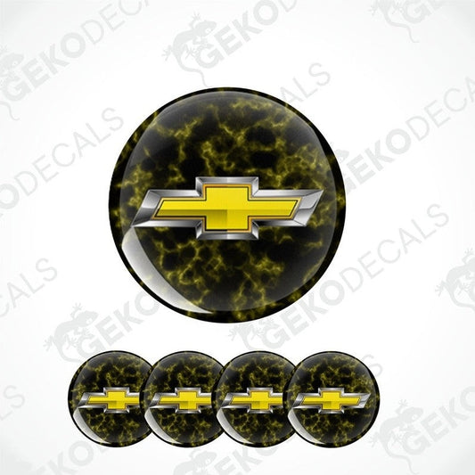 A set of four round vinyl stickers with a Chevrolet logo, designed for use on car wheels or caps.
