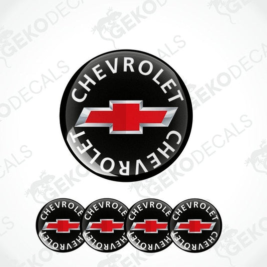 A set of four vinyl decals with polyurethane coating featuring the Chevrolet logo in red and white on a black background.