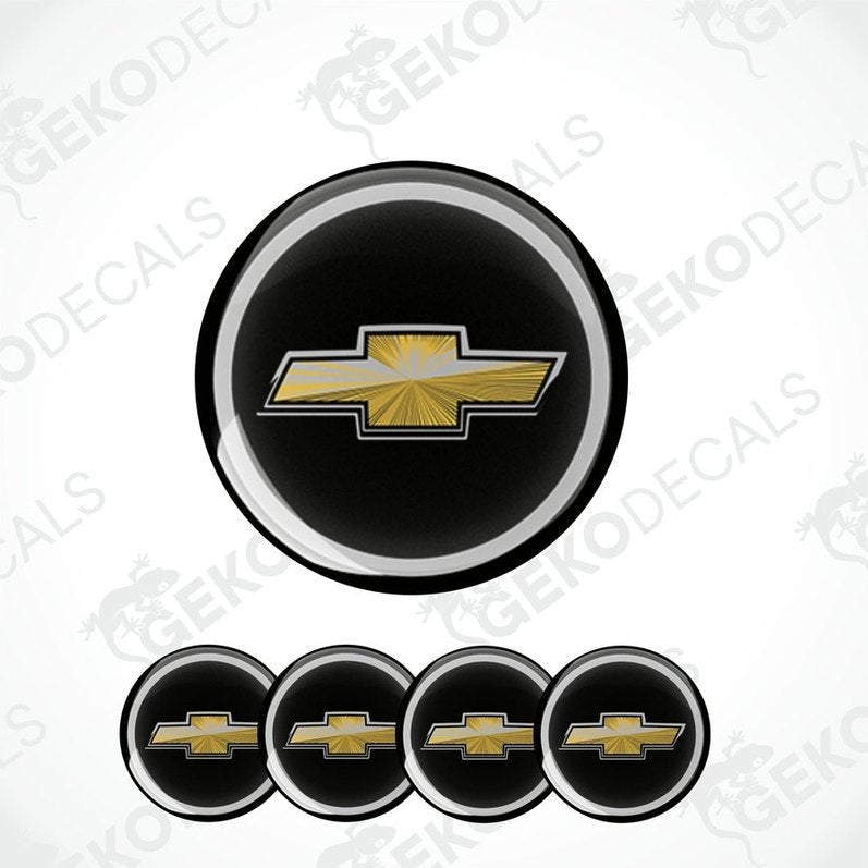 A set of four round vinyl stickers with a Chevrolet logo design, intended for use on car decals or wheel caps.