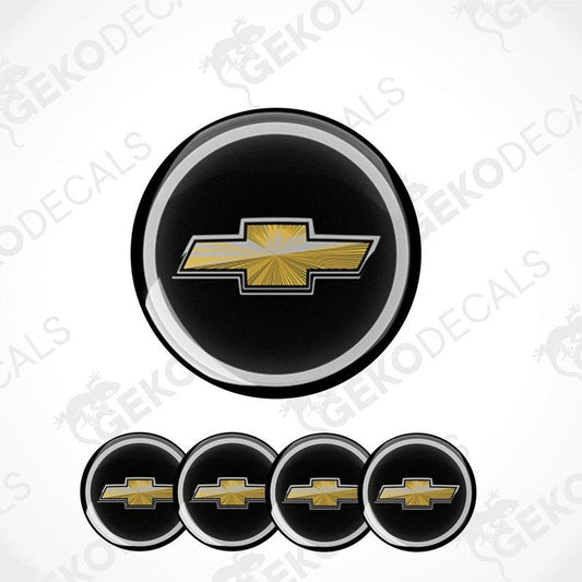 A set of four round vinyl stickers with a Chevrolet logo design, intended for use on car decals or wheel caps.
