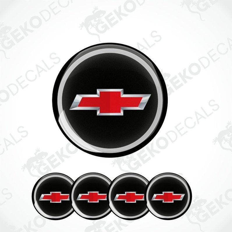 A set of four round black vinyl stickers with the Chevrolet logo in red and white.
