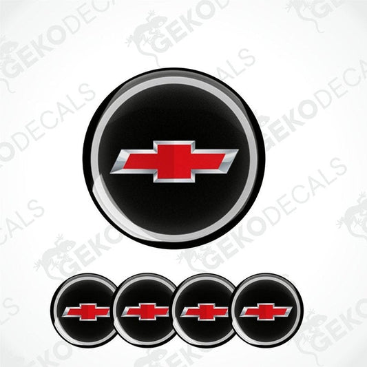 A set of four round black vinyl stickers with the Chevrolet logo in red and white.