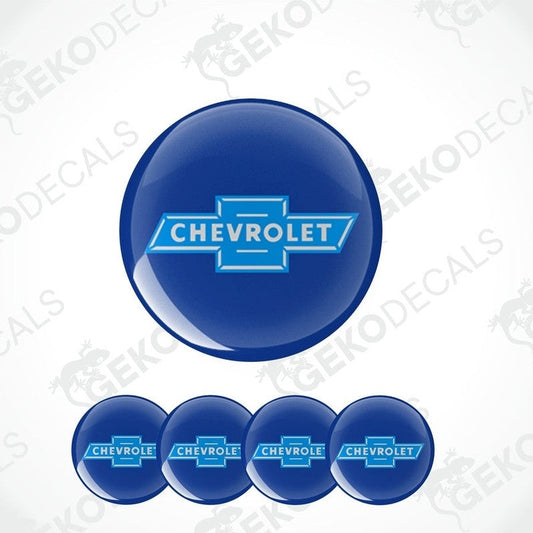 A set of blue vinyl decals with the Chevrolet logo applied on them, displayed in a circular arrangement.