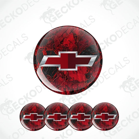 Red and black marbled Chevrolet logo decal on a white background with 'Gecko Decals' branding.