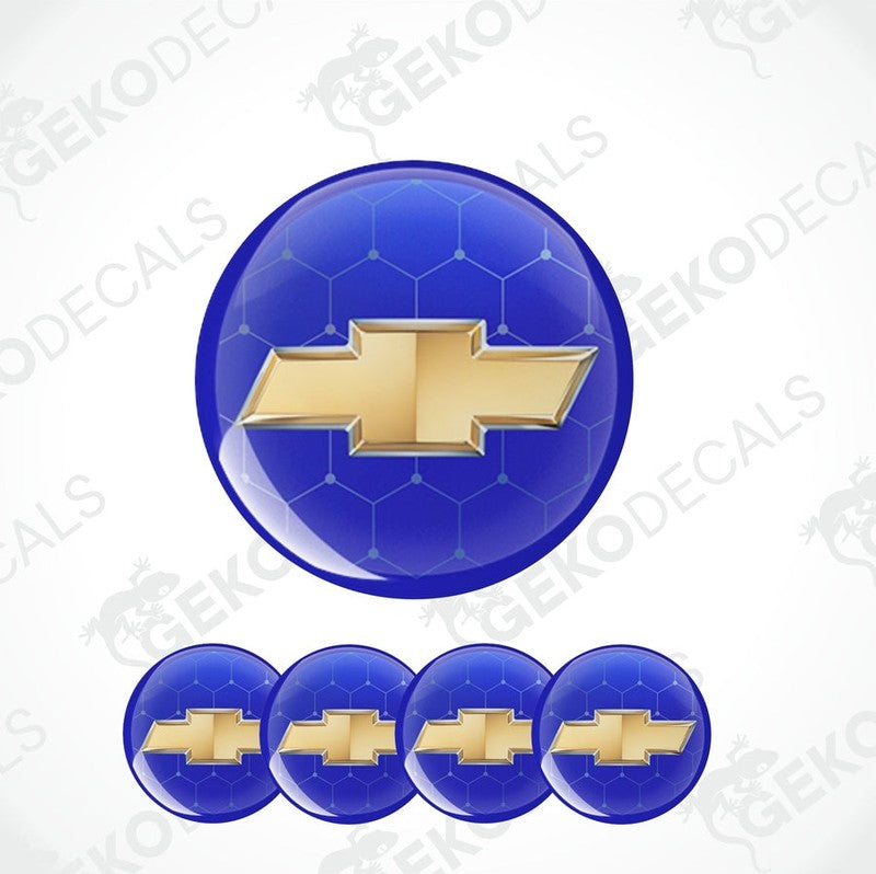 A set of four blue vinyl stickers with a gold Chevrolet logo design, displayed on a white background.