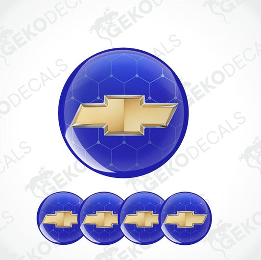A set of four blue vinyl stickers with a gold Chevrolet logo design, displayed on a white background.