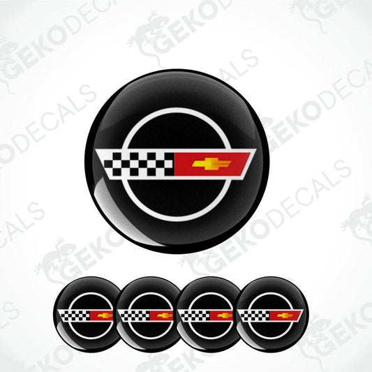 A set of four vinyl decals with polyurethane coating featuring the Chevrolet logo in red and white on a black background.