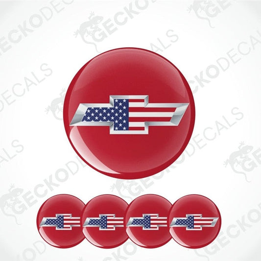 Chevrolet logo with American flag design on red background, surrounded by similar logos.