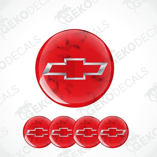 A set of red vinyl decals with the Chevrolet logo, designed for use on car wheels.