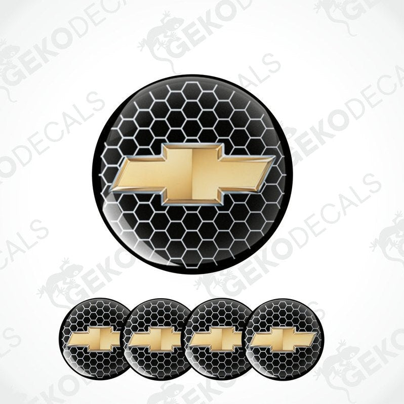 Set of vinyl decals with polyurethane coating, featuring the CHEVROLET logo in gold on a black background with a hexagonal pattern, intended for use on a vehicle.