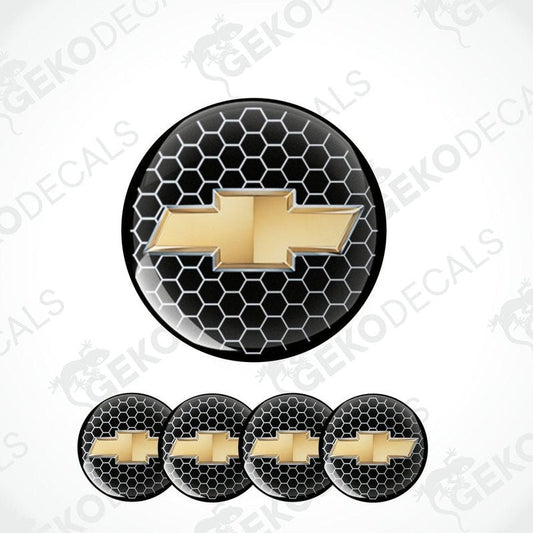 Set of vinyl decals with polyurethane coating, featuring the CHEVROLET logo in gold on a black background with a hexagonal pattern, intended for use on a vehicle.