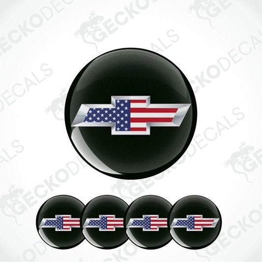 Chevrolet logo with American flag design on black background, surrounded by similar logos.