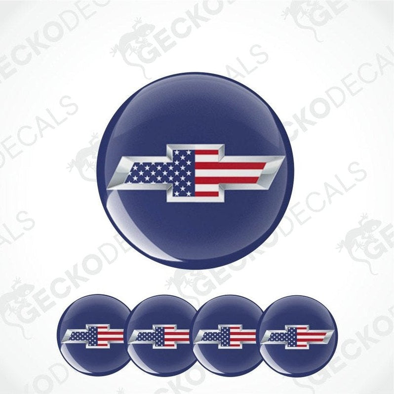Chevy logo with American flag design on a blue background, surrounded by smaller versions of the same design.