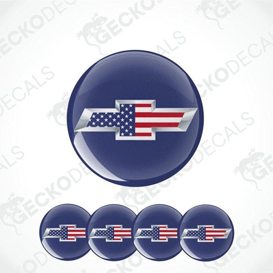 Chevy logo with American flag design on a blue background, surrounded by smaller versions of the same design.