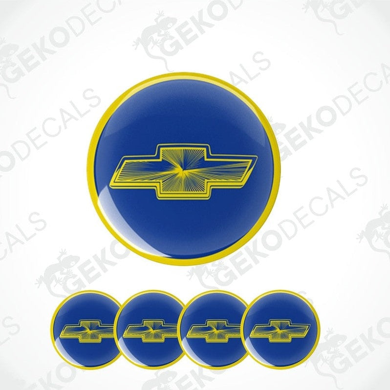 A set of four round vinyl stickers with a Chevrolet logo design, intended for use on car decals or wheel caps.