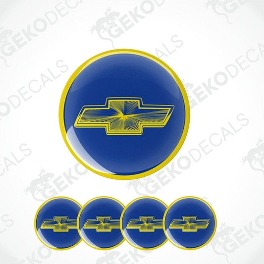 A set of four round vinyl stickers with a Chevrolet logo design, intended for use on car decals or wheel caps.