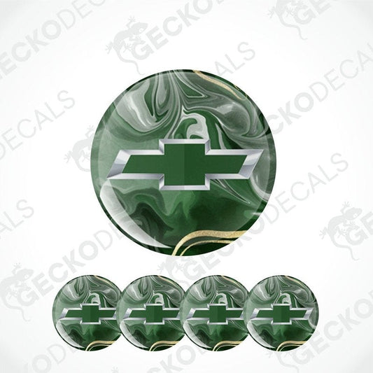 Set of green and white marbled Chevrolet logo decals on a white background.