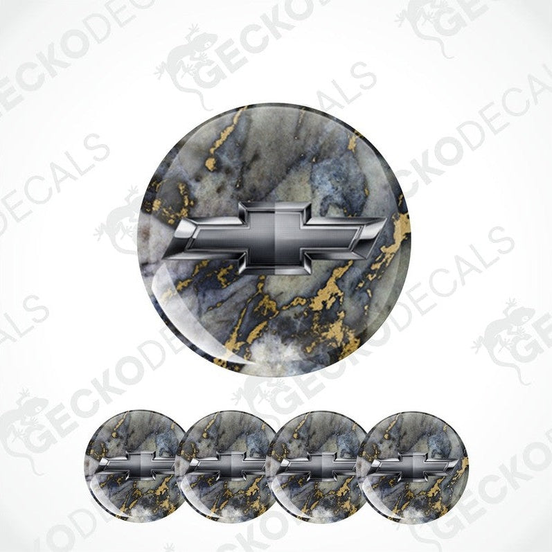 Marble-patterned Chevrolet logo decal with gold accents on a white background.