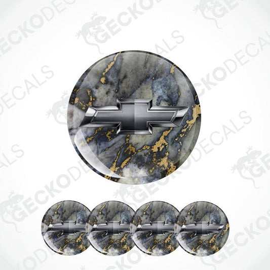 Marble-patterned Chevrolet logo decal with gold accents on a white background.