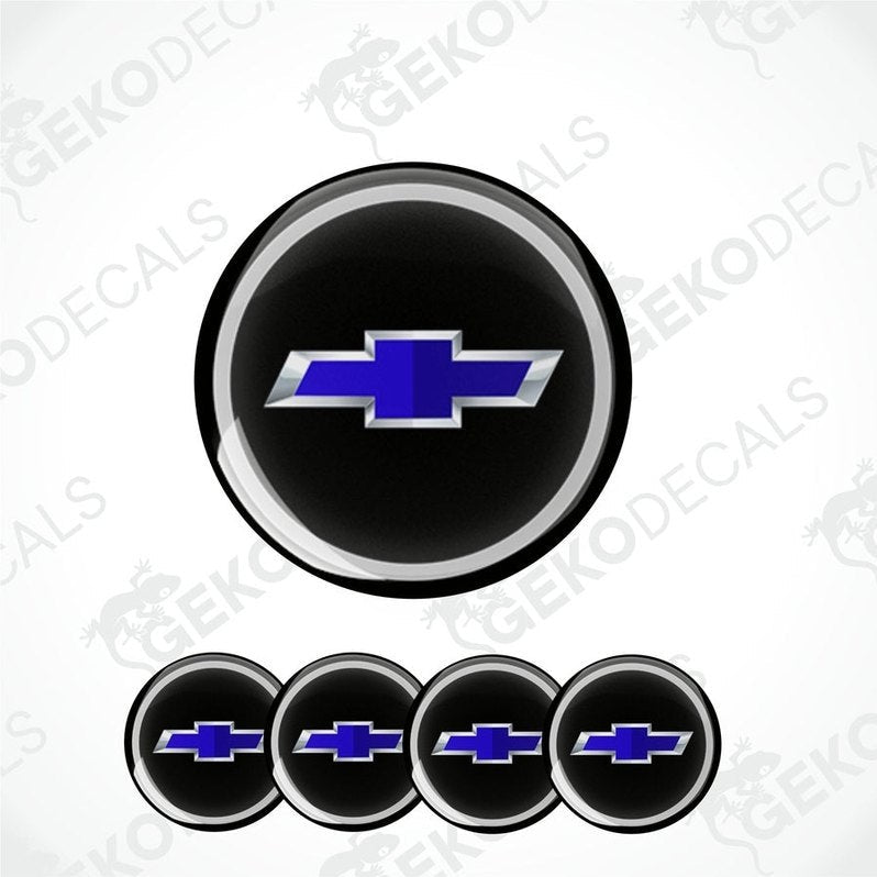 A set of four vinyl decals with a polyurethane coating featuring the CHEVROLET logo in blue and white on a black background.