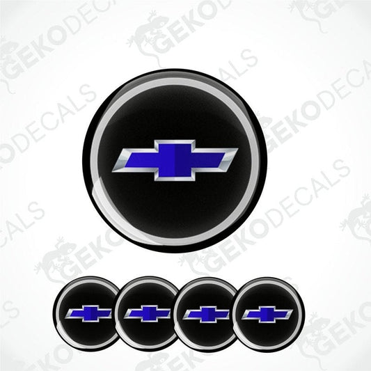 A set of four vinyl decals with a polyurethane coating featuring the CHEVROLET logo in blue and white on a black background.