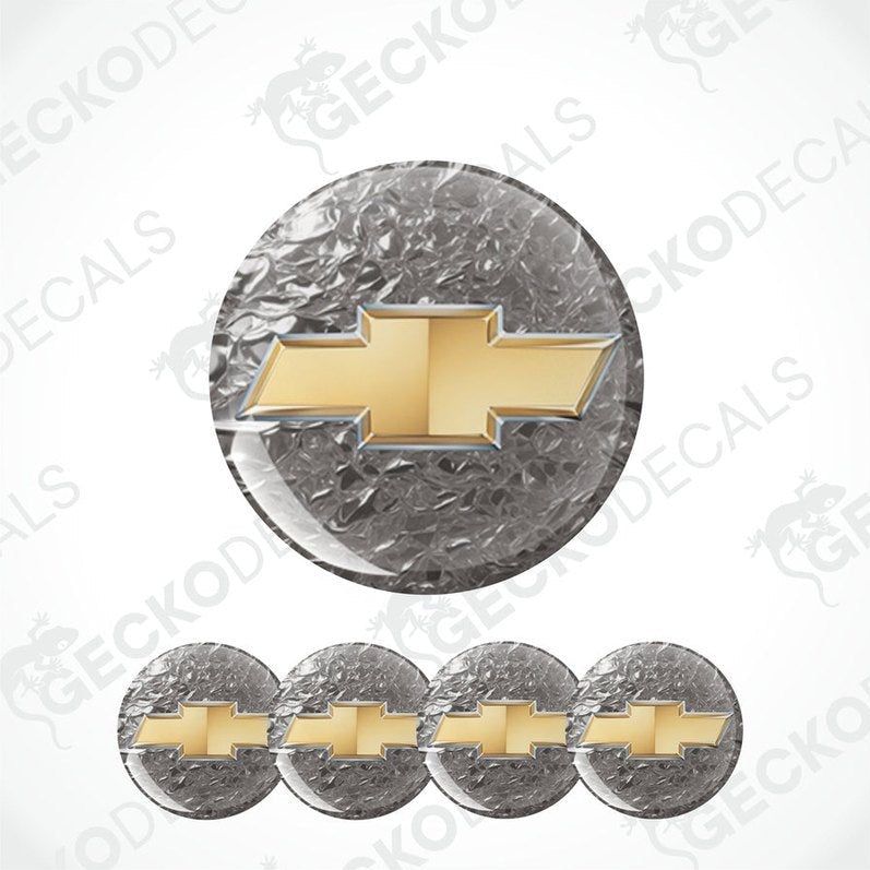 Gold Chevrolet logo on gray circular backgrounds with 'Gecko Decals' branding.