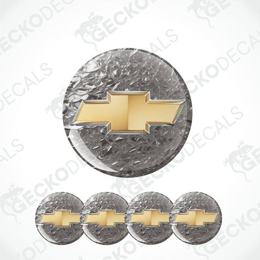Gold Chevrolet logo on gray circular backgrounds with 'Gecko Decals' branding.