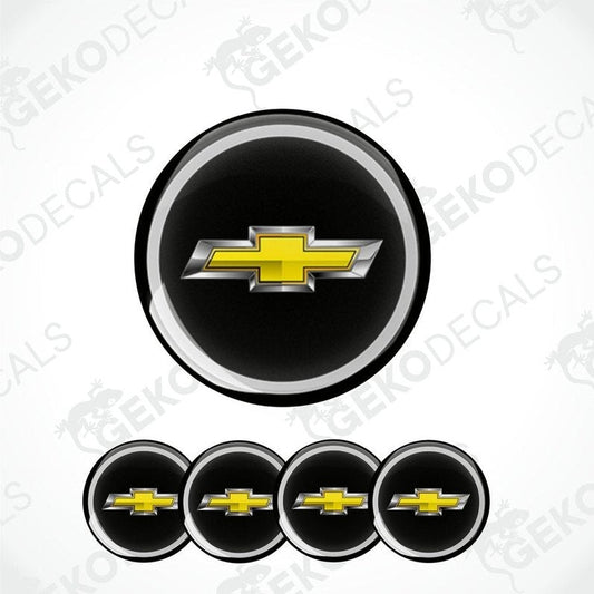A set of four round vinyl decals with a Chevrolet logo design, with a black background and yellow Chevrolet logo on each decal.