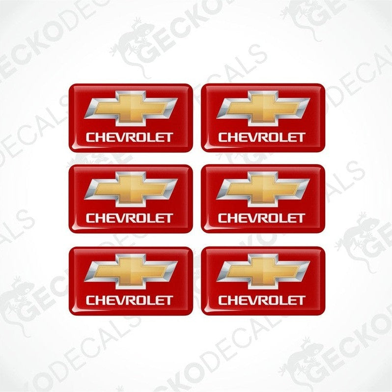 A set of six red and white Chevrolet branded vinyl stickers with a dome shape and a visible GeckoDecals logo.