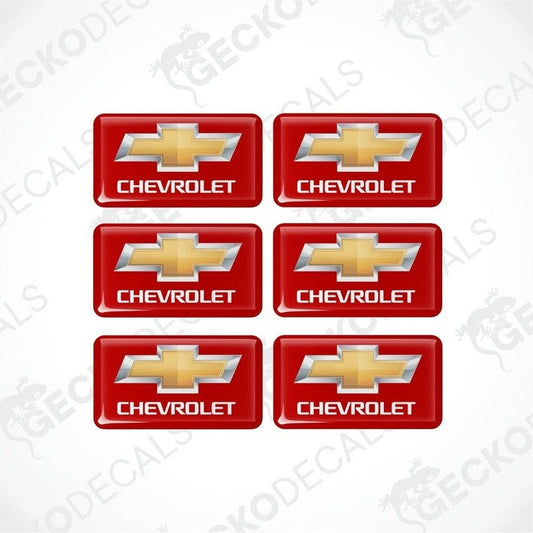 A set of six red and white Chevrolet branded vinyl stickers with a dome shape and a visible GeckoDecals logo.