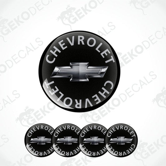 A set of four black vinyl stickers with the word 'CHEVROLET' and the Chevrolet logo on them.