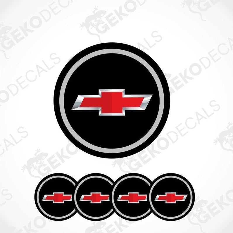 A set of four round black vinyl stickers with the Chevrolet logo in red and white.