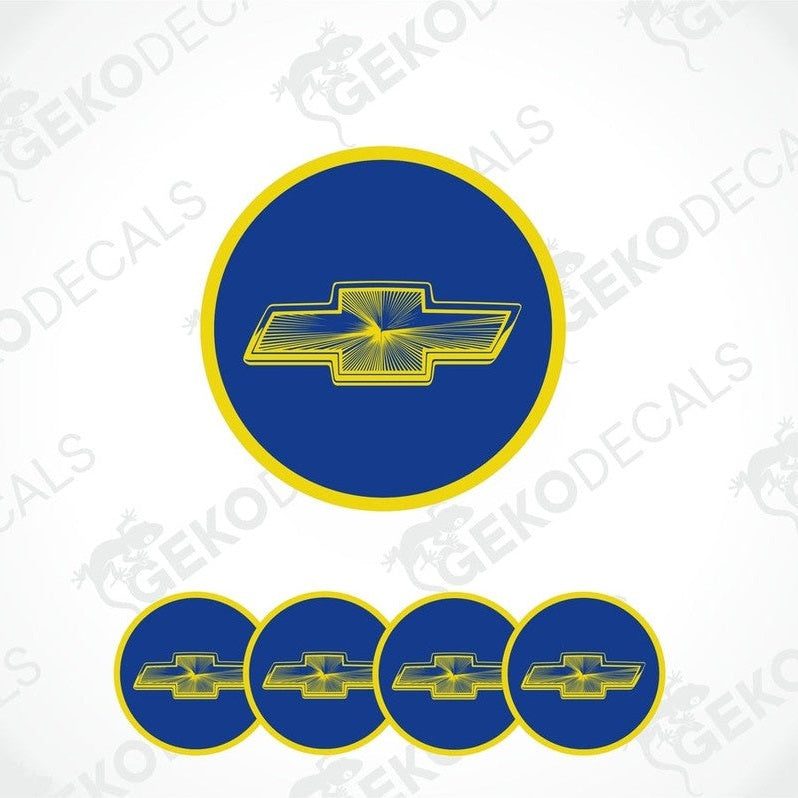 A set of four round vinyl stickers with a Chevrolet logo design, intended for use on car decals or wheel caps.