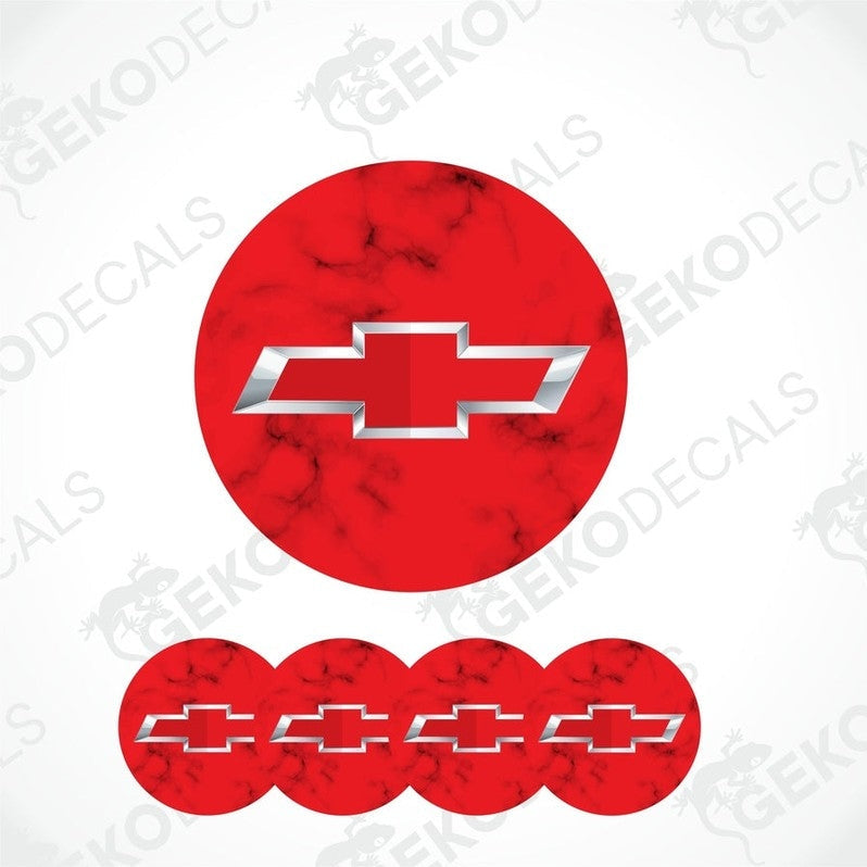 A set of red vinyl decals with the Chevrolet logo, designed for use on car wheels.