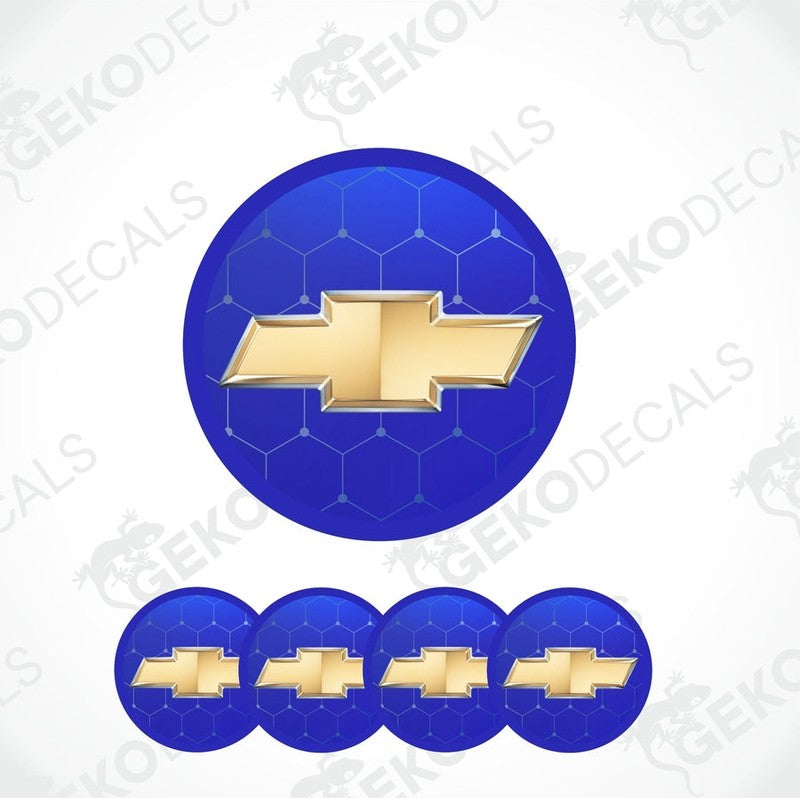 A set of four blue vinyl stickers with a gold Chevrolet logo design, displayed on a white background.