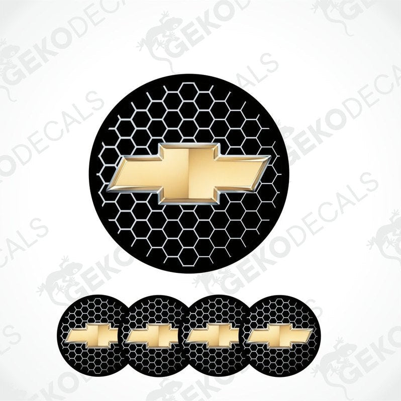 Set of vinyl decals with polyurethane coating, featuring the CHEVROLET logo in gold on a black background with a hexagonal pattern, intended for use on a vehicle.