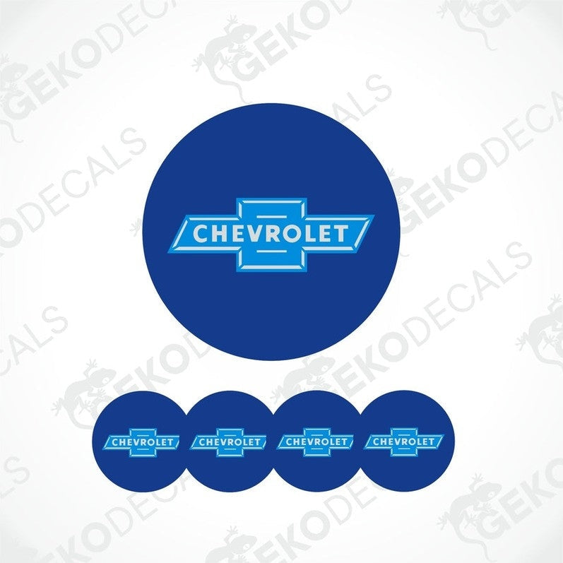 A set of blue vinyl decals with the Chevrolet logo applied on them, displayed in a circular arrangement.