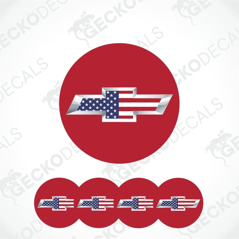 Chevy logo with American flag design on a red circle, surrounded by additional logos.