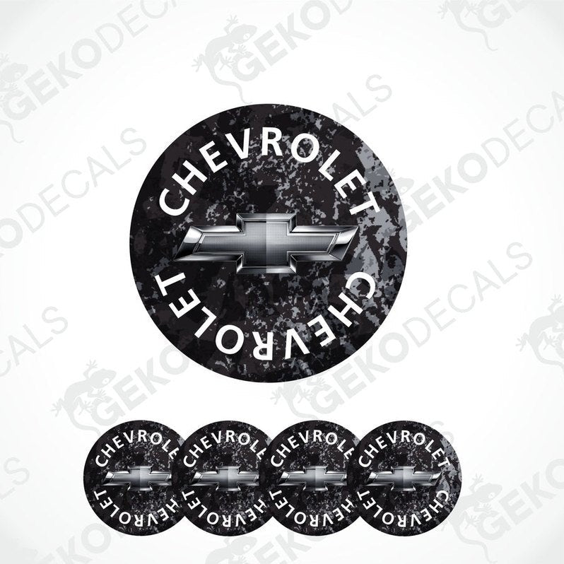 A set of four black vinyl stickers with the word 'CHEVROLET' and the Chevrolet logo on them.