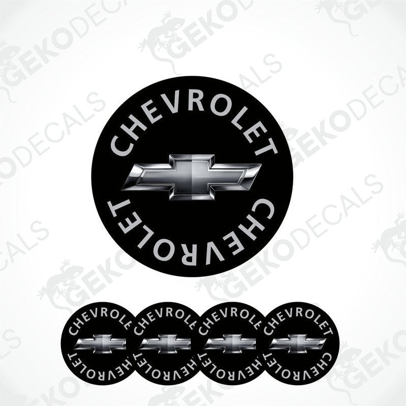A set of four black vinyl stickers with the word 'CHEVROLET' and the Chevrolet logo on them.