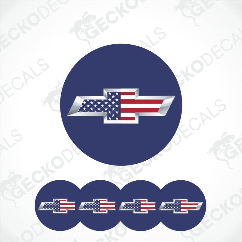 Chevrolet logo with American flag design on a blue background, featuring the brand 'Gecko Decals'.