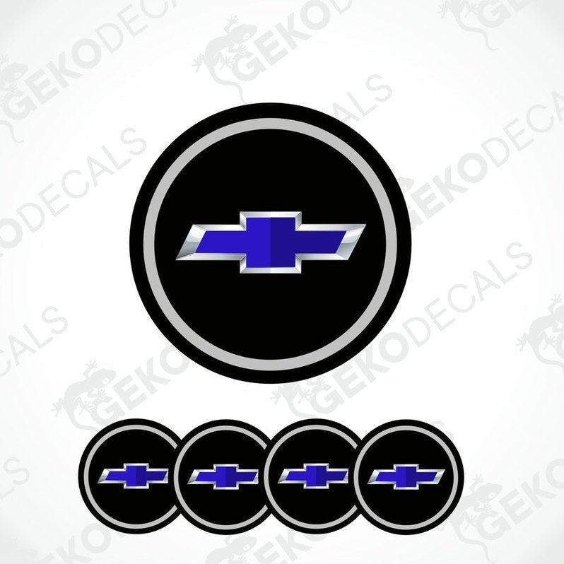A set of four vinyl decals with a polyurethane coating featuring the CHEVROLET logo in blue and white on a black background.