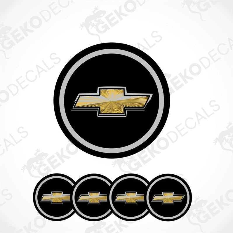 A set of four round vinyl stickers with a Chevrolet logo design, intended for use on car decals or wheel caps.