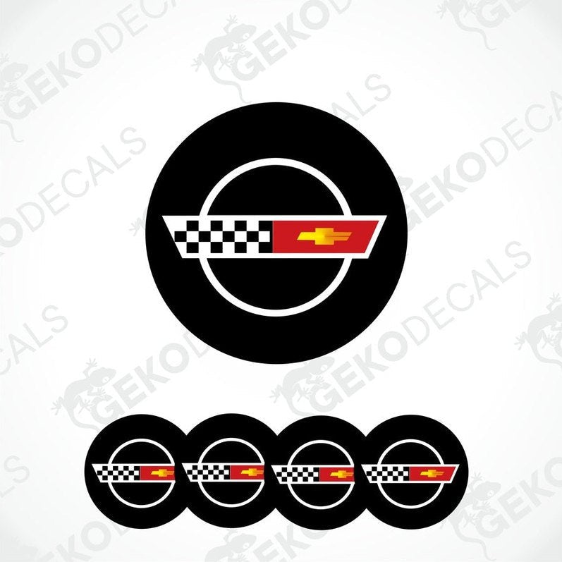 A set of four vinyl decals with polyurethane coating featuring the Chevrolet logo in red and white on a black background.