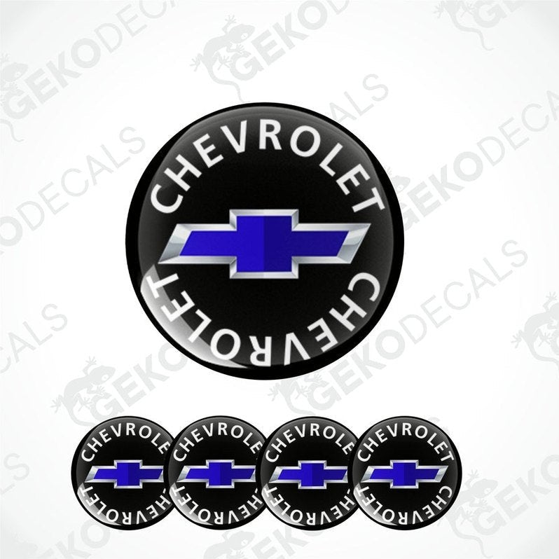 A set of four black vinyl stickers with the word 'CHEVROLET' and a blue and white chevron logo design.