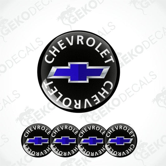 A set of four black vinyl stickers with the word 'CHEVROLET' and a blue and white chevron logo design.