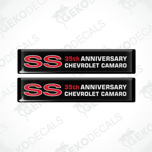 Two black, red, and white vinyl decals with 'SS 35th Anniversary Chevrolet Camaro' text.