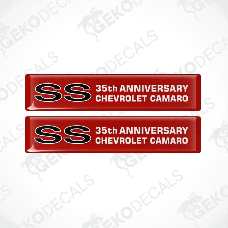Two red and white vinyl decals with 'SS 35th Anniversary Chevrolet Camaro' text.