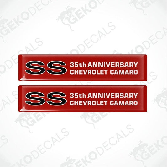 Two red and white vinyl decals with 'SS 35th Anniversary Chevrolet Camaro' text.